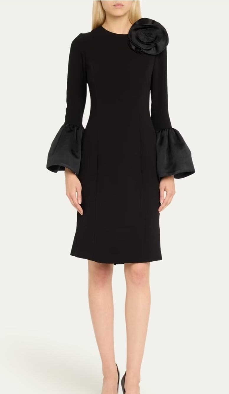 Rickie Freeman Teri Jon Black Bell Sleeve Bow Crepe Sheath Dress Sz 2 Cocktail